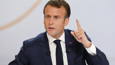 Le président de la République Emmanuel Macron, le 1er mai 2019 lors de sa 1ère conférence de presse à l'Elysée.
