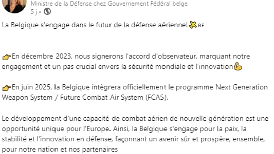 Le message sur le Scaf publié sur LinkedIn par Ludivine Dedonder, ministre belge de la Défense. Le message sur le Scaf publié sur LinkedIn par Ludivine Dedonder, ministre belge de la Défense.
