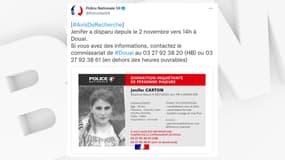 Jenifer Carton, 18 ans, est portée disparue depuis le 2 novembre à Douai.