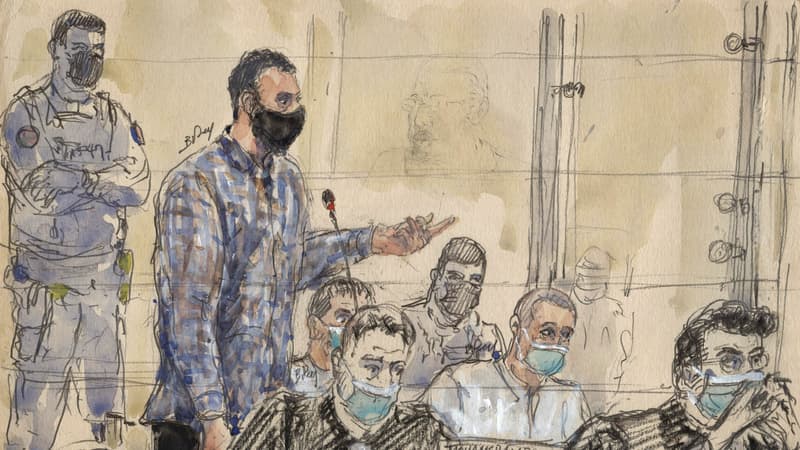 Salah Abdeslam lors de son audition devant la cour d'assises spéciale qui juge les attentats du 13-Novembre (croquis d'audience)