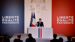 Le président de la République Emmanuel Macron lors d'une conférence de presse, le 16 janvier 2024.
