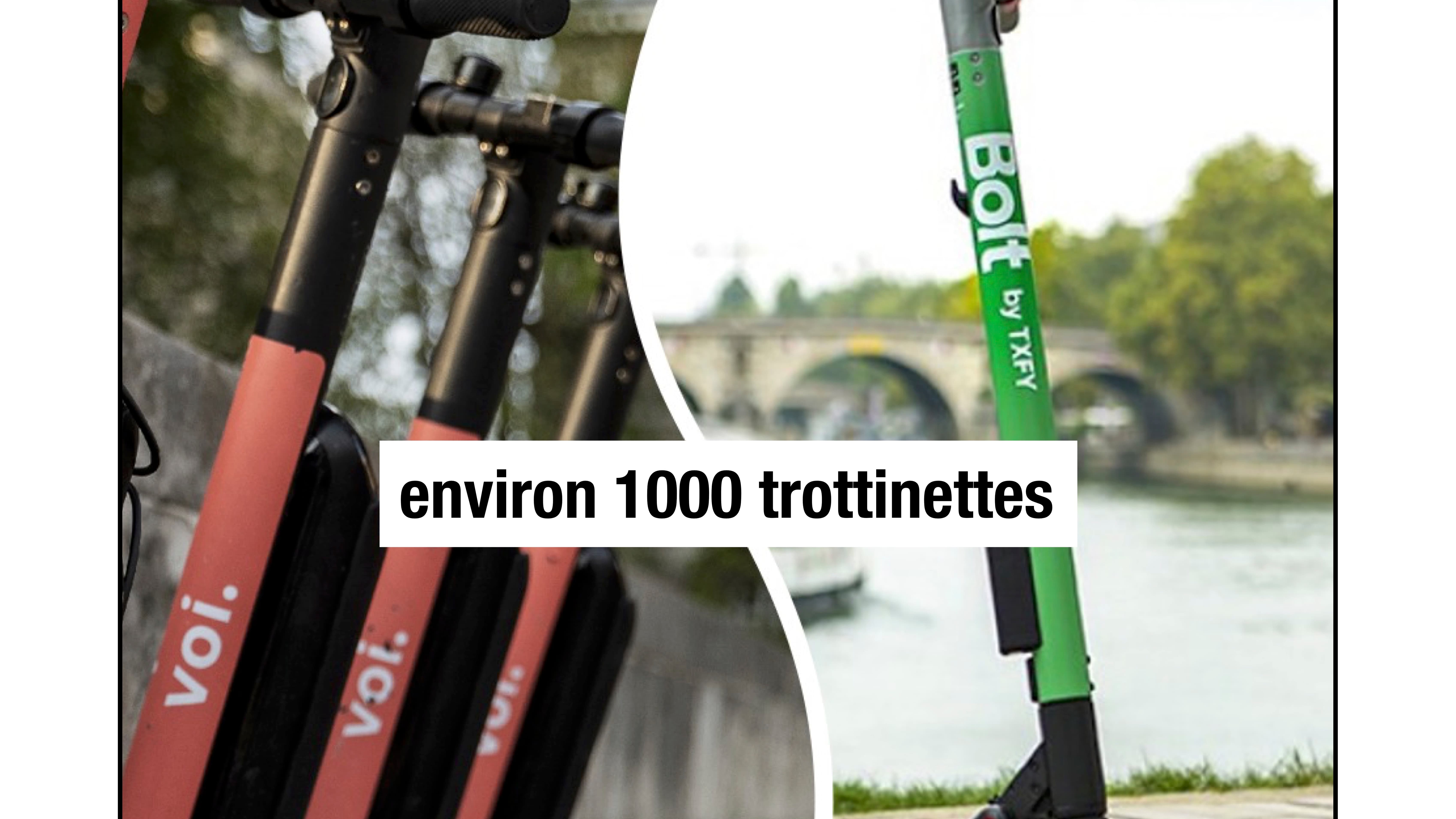 Des trottinettes Voi et Bolt. Des trottinettes Voi et Bolt.