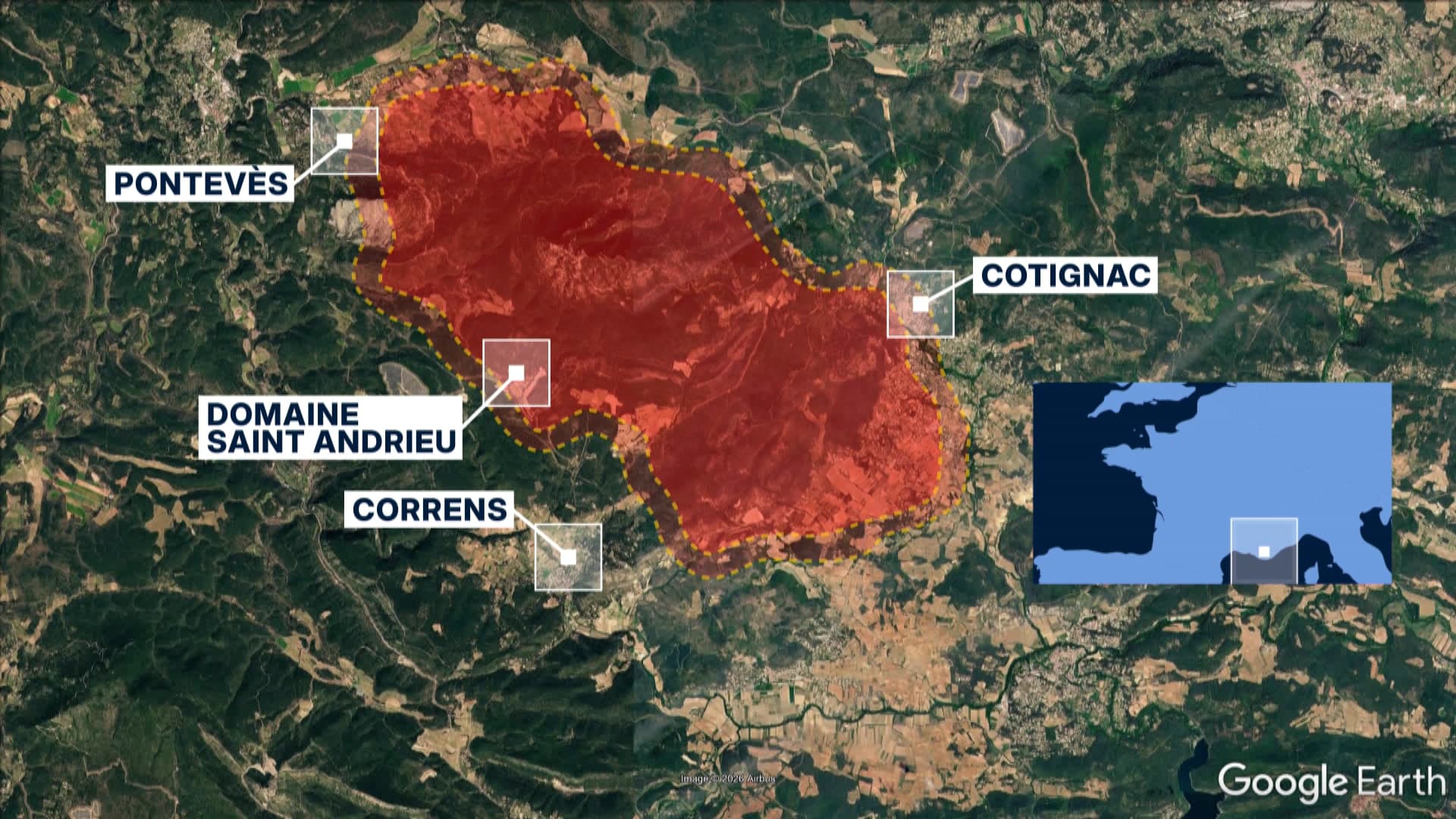 Une carte montrant la surface parcourue par le feu du massif du Gros Bessillon (Var), le mercredi 22 juillet 2026.