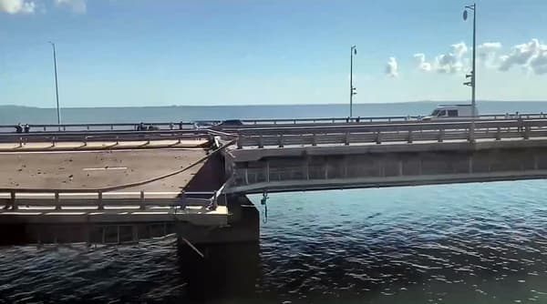 Photo showing the Kerch Bridge, connecting Crimea with Russia, hours after a Ukrainian attack, July 17, 2023