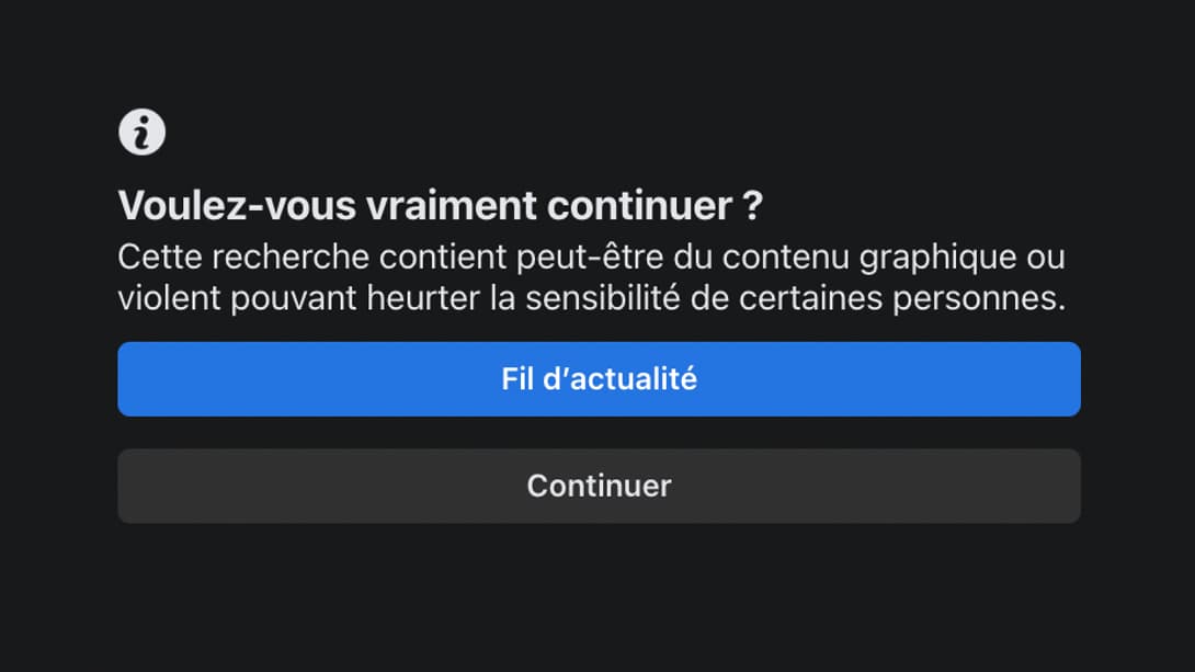 La mise en garde diffusée par Facebook lorsqu'un internaute recherche le terme "massacre"