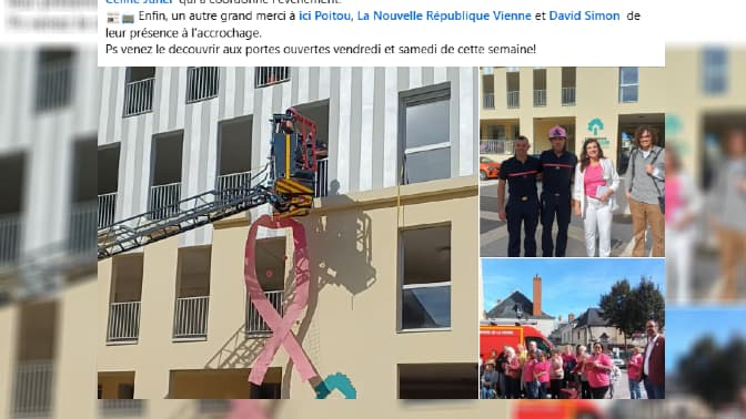 OCTOBRE ROSE: UN RUBAN ROSE XXL SUR LA FAÇADE D'UNE RÉSIDENCE POUR SÉNIORS INSTALLÉ DANS LA VIENNE