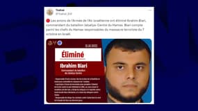Communiqué de l'armée israélienne annonçant sur X la mort d'Ibrahim Biari, dirigeant du Hamas, le 31 octobre 2023.