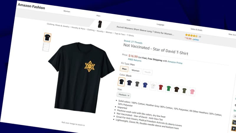 Le tshirt avec une étoile jaune et la mention "non vacciné", vendu par Amazon