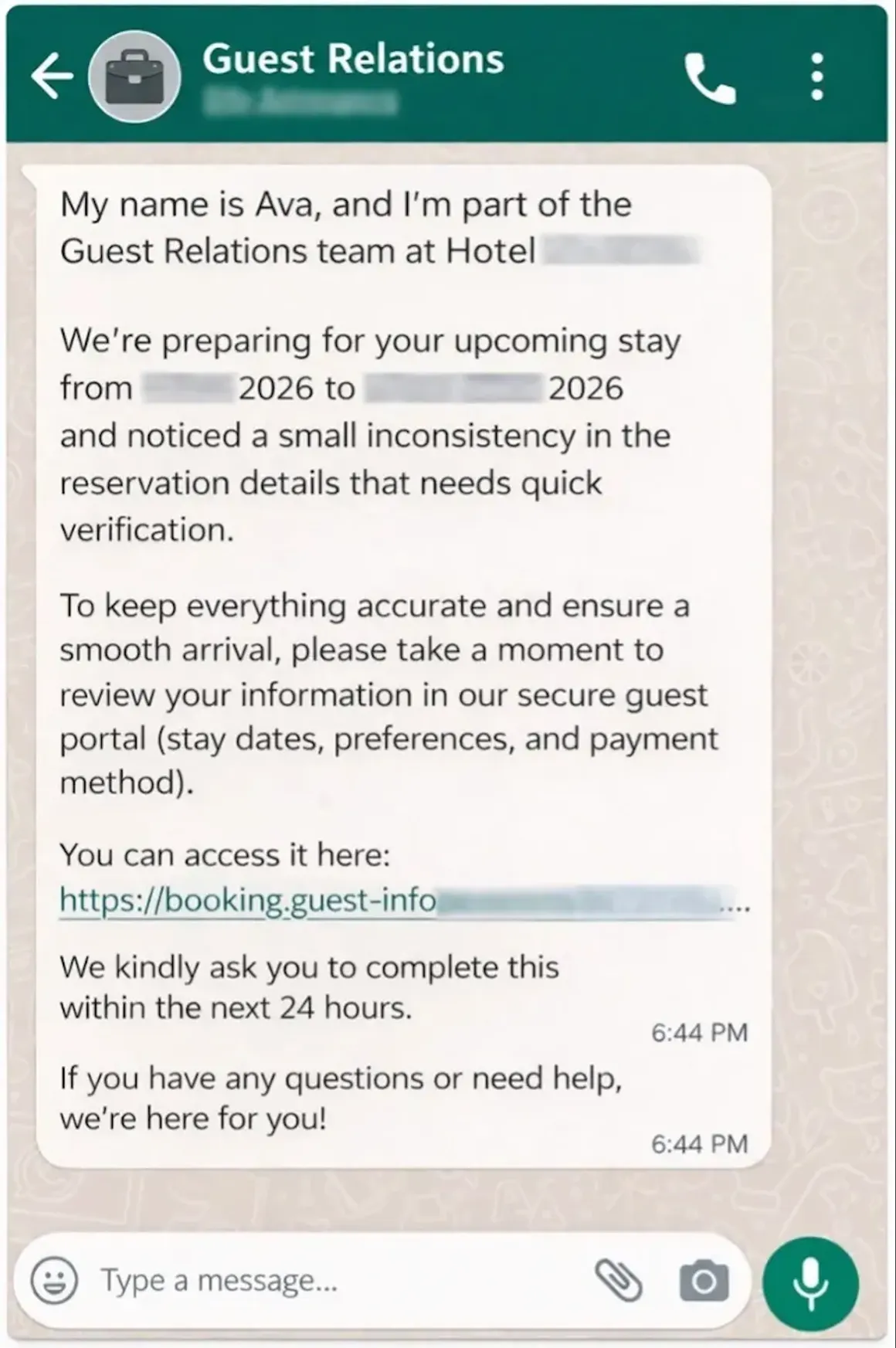 Exemple arnaque Booking message frauduleux