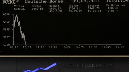 A la Bourse de Francfort, mardi matin. Après avoir ouvert en hausse, les Bourses européennes chutent une nouvelle fois mardi dans le sillage des places asiatiques et de Wall Street. La nouvelle tentative de rebond a fait long feu avec le recul des cours d