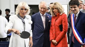 La reine Camilla, le roi Charles III et Brigitte Macron, à Saint-Denis le 21 septembre 2023