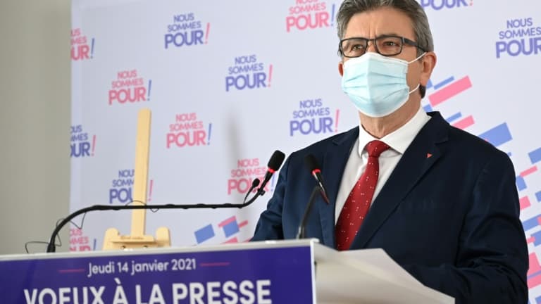 Jean-Luc Mélenchon responsable de La France Insoumise (LFI), lors de ses voeux à la presse le 14 janvier 2021 à Paris