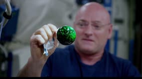 L'astronaute Scott Kelly insère un comprimé effervescent dans une bulle d'eau en apesanteur.