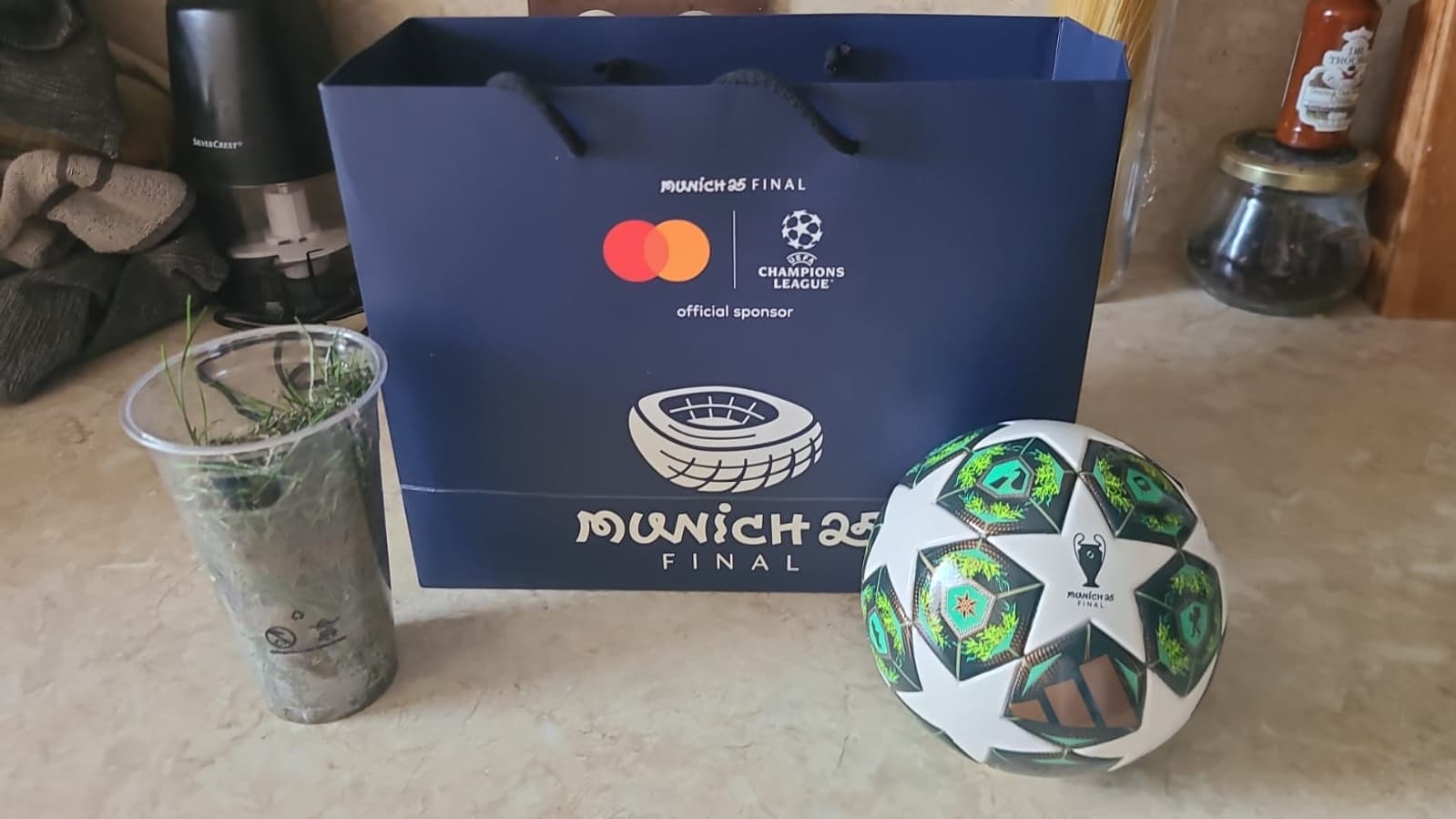 Un morceau de pelouse de l'Allianz Arena dans un gobelet après le sacre du PSG en Ligue des champions, le 31 mai 2025 Un morceau de pelouse de l'Allianz Arena dans un gobelet après le sacre du PSG en Ligue des champions, le 31 mai 2025