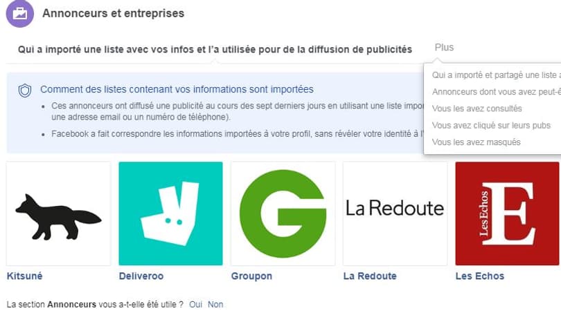 La section "Annonceurs" de Facebook"