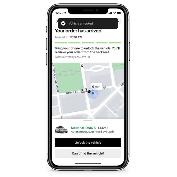 Capture d'écran de l'application Uber Eats, lors de l'expérimentation de la livraison par robot ou voiture autonome