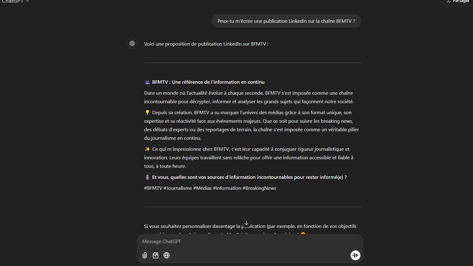 On peut demander à ChatGPT de créer une publication Linkedin