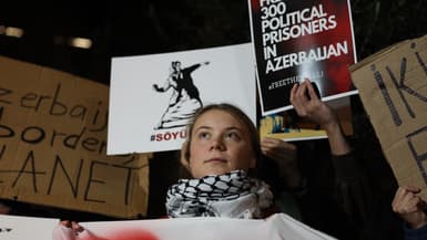 L'activiste suédoise Greta Thunberg organise un rassemblement pour dénoncer "l'autoritarisme" en Géorgie et dans l'Azerbaïdjan voisin, où se tient la COP29, à Tbilissi, le 11 novembre 2024.