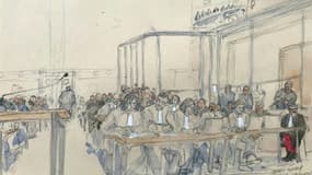 Croquis du palais de justice d'Avignon, le 27 novembre 2024, lors du procès de Dominique Pelicot, accusé d'avoir drogué sa femme Gisèle Pelicot pendant près de dix ans et d'avoir invité des inconnus à la violer à leur domicile de Mazan
