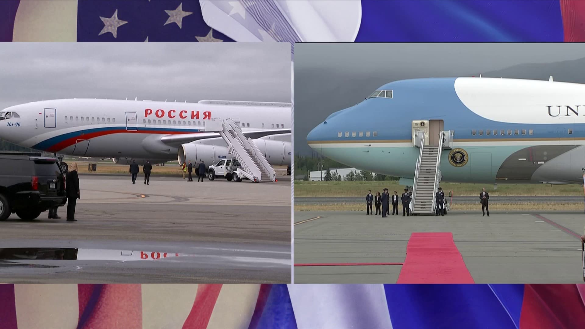 Les avions du président russe et du président américain à Anchorage en Alaska le 15 août 2025.