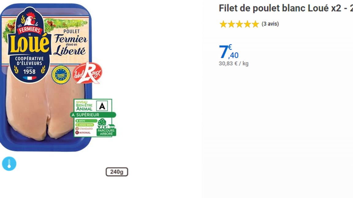 Les filets de poulet à 7,40 euros chez Leclerc.