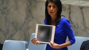L'ambassadrice américaine à l'ONU, Nikki Haley, montre des photos des victimes d'une attaque chimique perpétrée en Syrie le 4 avril 2017