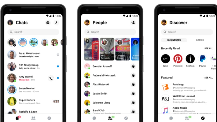 Les trois onglets de Messenger. Les trois onglets de Messenger.