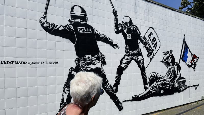 La fresque de l'artiste Goin, à Grenoble, représente une femme à terre, tenant un drapeau bleu-blanc-rouge effiloché, frappée par deux policiers en tenue anti-émeute, dont l'un tient un bouclier sur lequel est écrit "49-3".