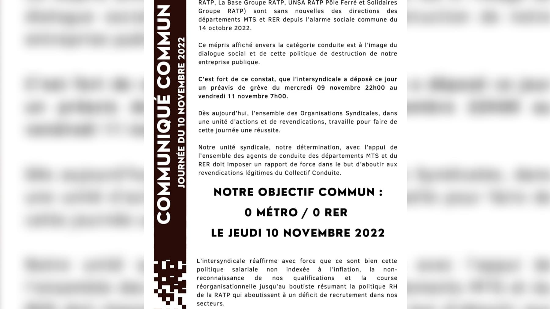Le communiqué de l'intersyndicale RATP qui appelle à la grève le 10 novembre.