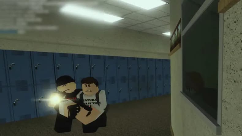 Capture d'écran de Carbine montrant deux joueurs habillés comme les vrais tueurs de Columbine. 