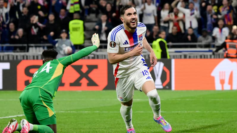 Rayan Cherki après l'égalisation de l'Olympique lyonnais en quart de finale aller de Ligue Europa, 10 avril 2025