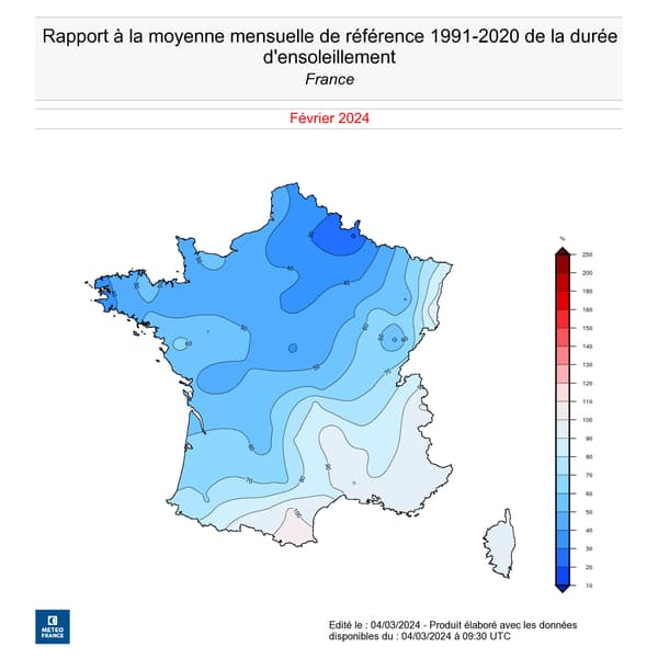 Carte fournie par Météo-France du rapport de l'ensoleillement en février 2024 à la moyenne mensuelle de référence 1991-2020. 