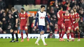La déception de Heung-Min Son après la claque reçu par Tottenham à Liverpool (4-0, League Cup), le 6 février 2025