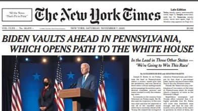 La Une du New York Times le samedi 7 novembre 2020 La Une du New York Times le samedi 7 novembre 2020