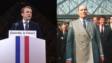 A gauche, Emmanuel Macron dans la cour du Louvre le soir de son élection. A droite, François Mitterrand le 29 mars 1989 lors de l'inauguration du Louvre.