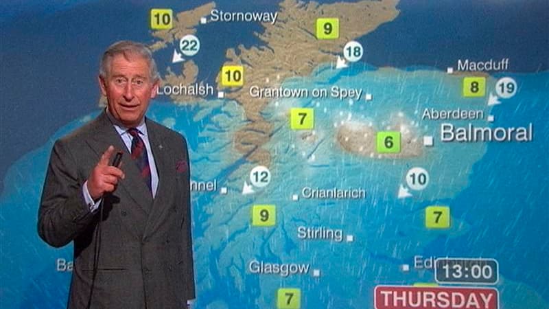 Les téléspectateurs de la BBC-Ecosse ont eu jeudi la surprise de découvrir en présentateur météo le prince Charles en personne. Le prince héritier de la couronne d'Angleterre et son épouse, la duchesse de Cornouailles, sont en visite actuellement en Ecoss
