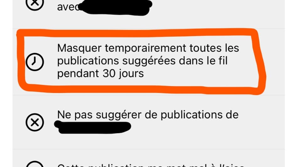Un autre menu d'Instagram