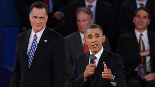 Obama et Romney lors de leur deuxième débat, le 16 octobre