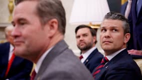 Le conseiller à la sécurité nationale Michael Waltz, le secrétaire de la Défense Pete Hegseth et le vice-président JD Vance à la Maison Blanche le 13 mars 2025