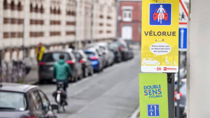 "Dans cette rue, je reste derrière le cycliste", précise l'affiche de la première "vélorue" lilloise.