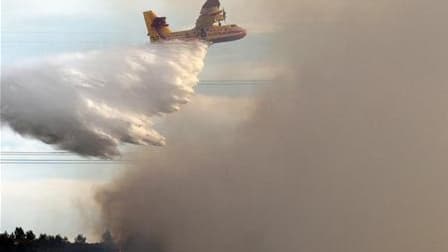 Canadairs au-dessus de la pinède de Sausset-les-Pins. Après avoir détruit 934 hectares de forêt et de broussailles, l'incendie a été circonscrit lundi matin. 350 pompiers restent toujours sur place par mesure de sécurité. /Photo prise le 25 juillet 2010/R