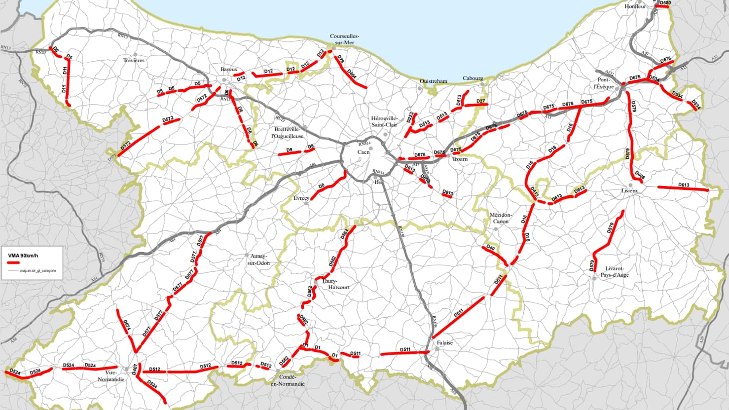 En rouge, les routes qui repassent à 80 km/h dès mercredi dans le Calvados.