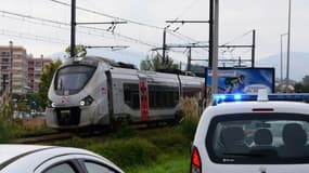 Un train arrêté en pleine voie près de la gare de Saint-Jean-de-Luz-Ciboure après que trois migrants ont été percutés alors qu'ils se trouvaient sur les rails, le 12 octobre 2021