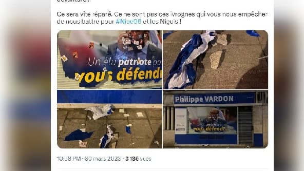 Dans la nuit du jeudi 30 au vendredi 31 mars, la permanence de l'élu Reconquête Philippe Vardon a été vandalisée à Nice