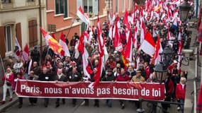 Manifestation à Mulhouse, dans l'est de la France, le 7 décembre 2014, pour protester contre la fusion de la région Alsace avec ses voisines, la Lorraine et la Champagne-Ardenne.