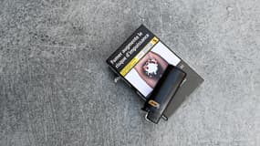 Un paquet de cigarettes neutre sur lequel figure un message de prévention sanitaire et un briquet.