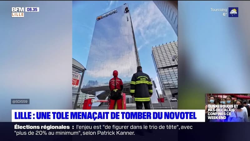 Lille: intervention des pompiers pour sécuriser une tôle de six mètres qui menaçait de tomber du Novotel