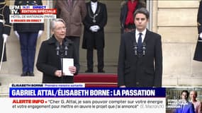 Passation Elisabeth Borne-Gabriel Attal: Élisabeth Borne remercie les membres de son gouvernement ainsi que les députés de sa majorité