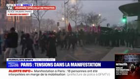 Manifestation à Paris: des tensions éclatent entre certains individus et la police, place Vauban, à l'arrivée du cortège