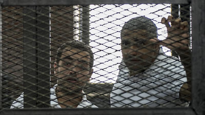 Les deux journalistes d'Al-Jazeera pendant leur procès, en août 2014. Les deux hommes sont sortis de prison vendredi 13 février.